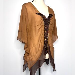 Vintage Bebe Sheer Silk Chiffon  Beaded Carmel Brown Butterfly Blouse NWT Medium